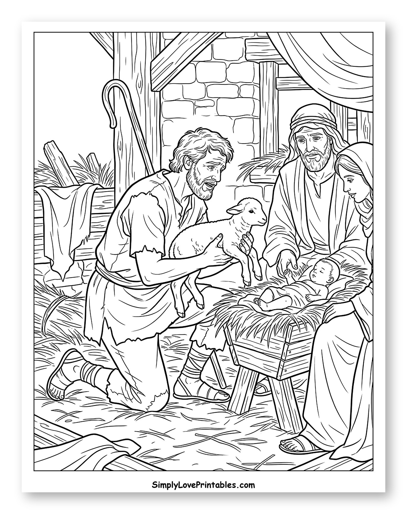 A Shepherd Presents a Lamb to Baby Jesus to Color
