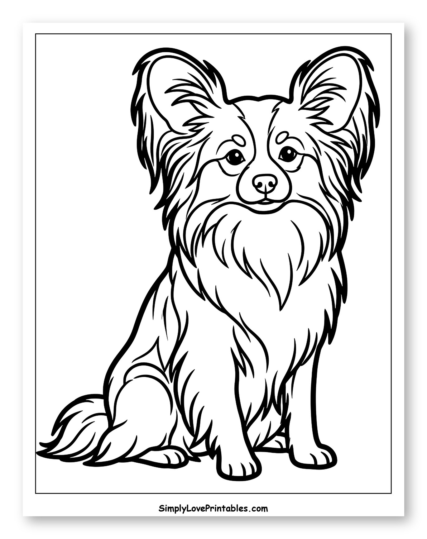 A Sitting Fluffy Papillon Dog Coloring Page for Toddlers