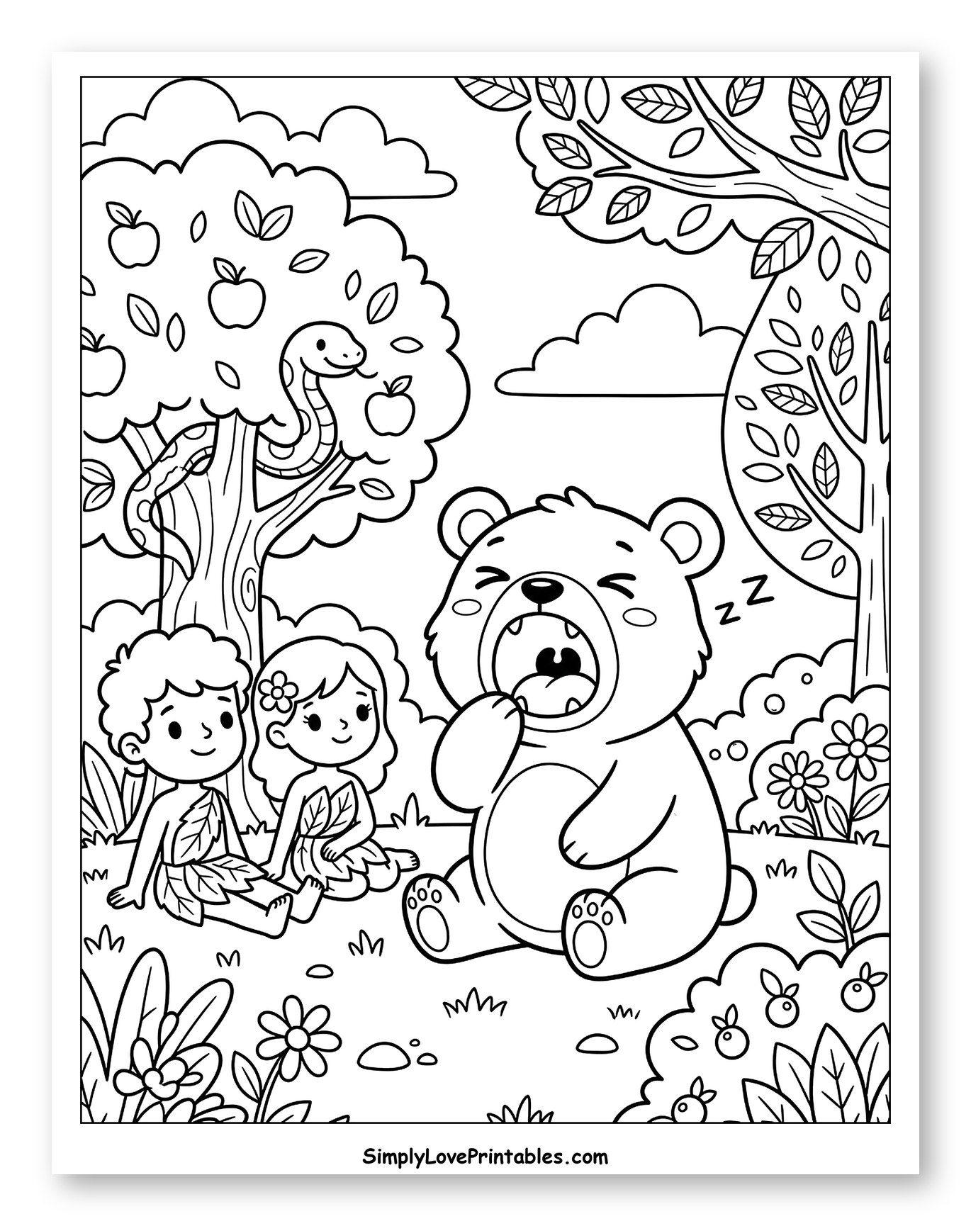 A Sleepy Bear Yawning Near Adam and Eve