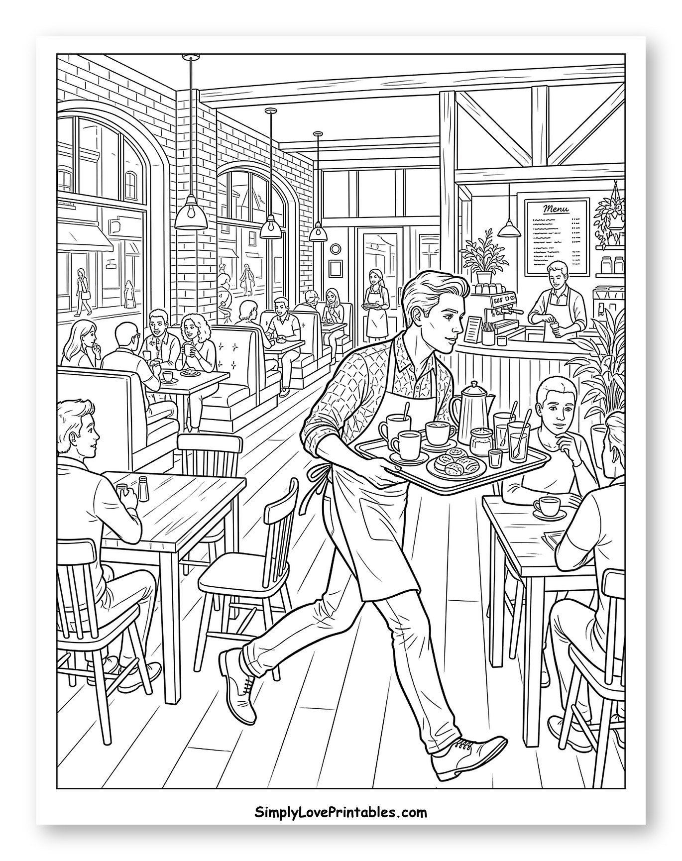 A Waiter Serving Customers in a Lively Cafe to Color