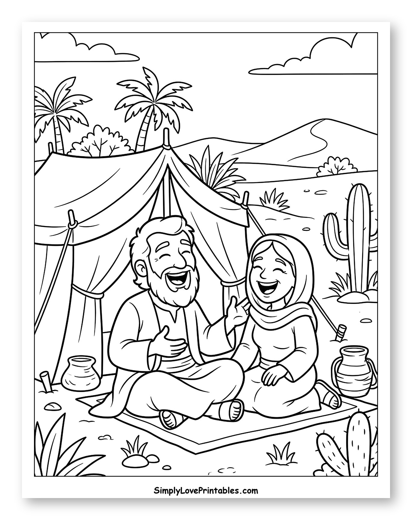 Abraham and Sarah Joyfully Conversing in Desert to Color for Kids