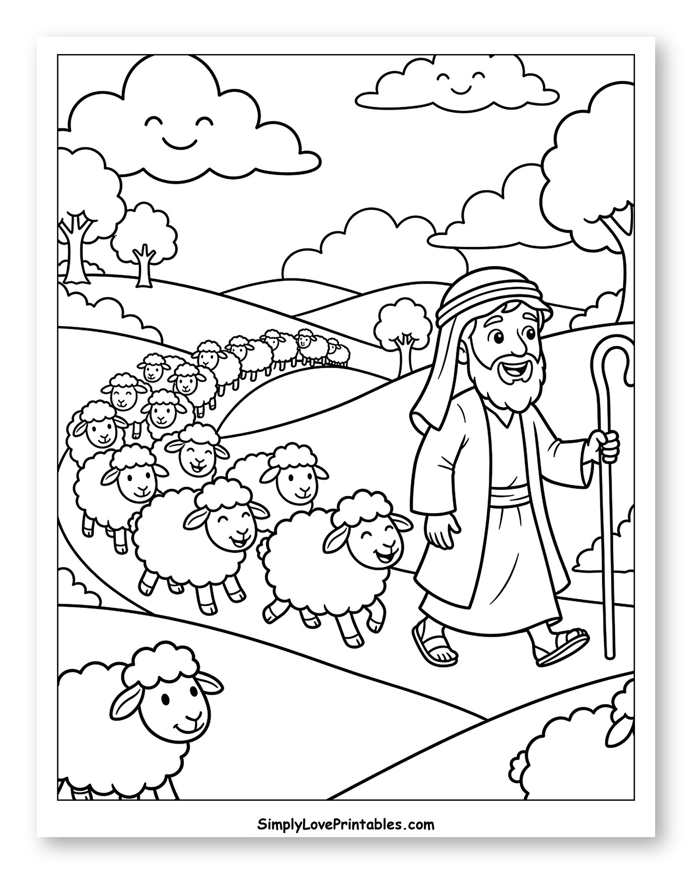 Abraham Leading His Flock of Happy Sheep Coloring Page for Kids