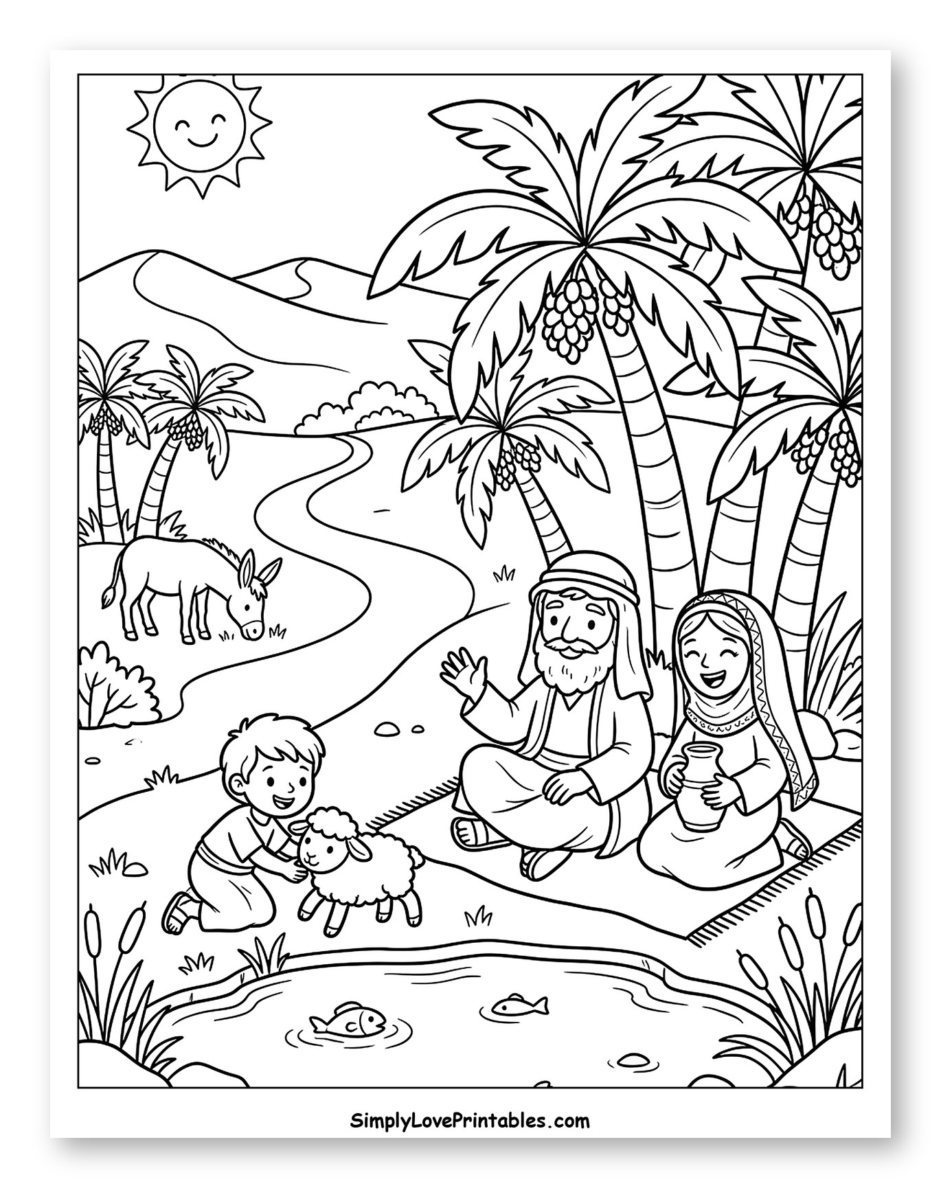 Abraham's Family at a Palm Tree Oasis Coloring Page for Kids