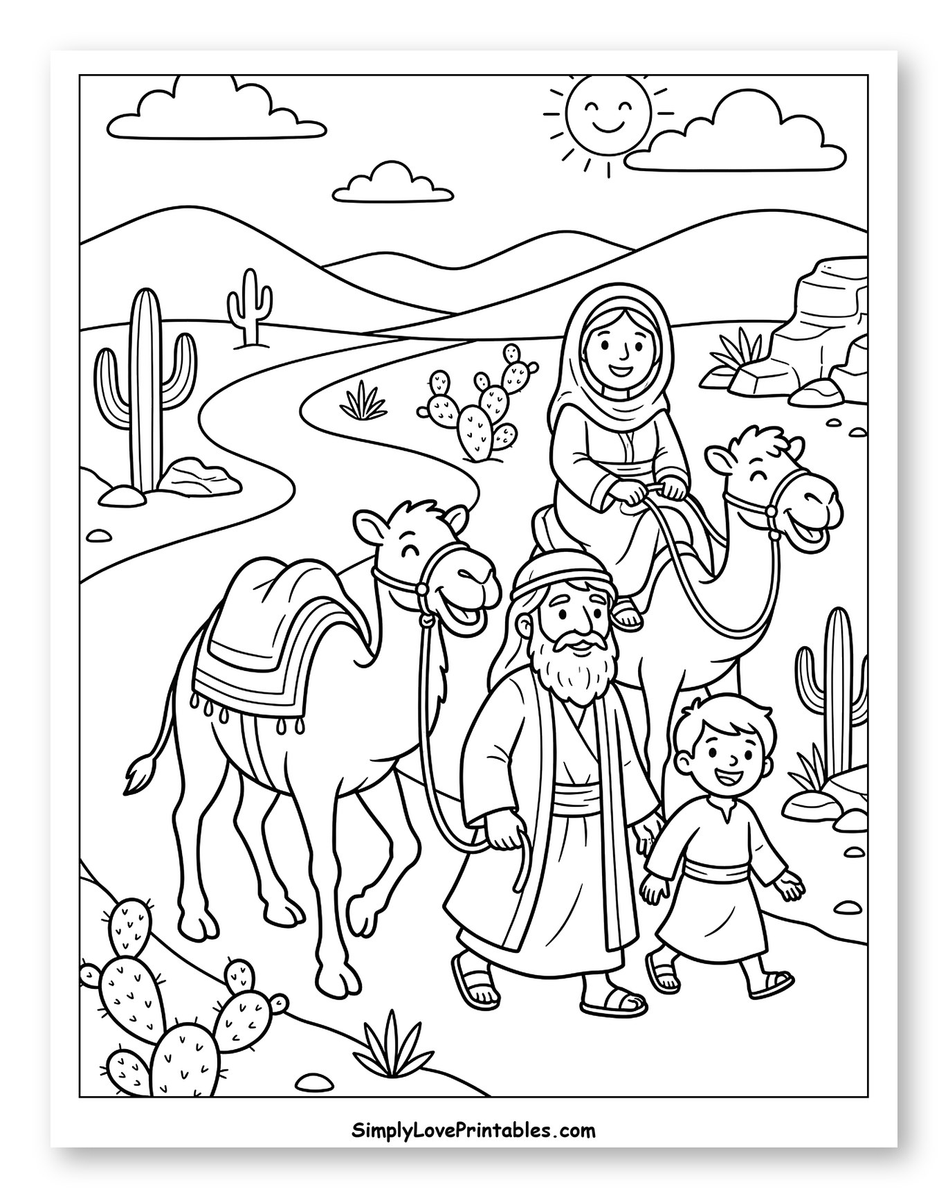 Abraham's Family Journeying with Happy Camels to Color for Kids
