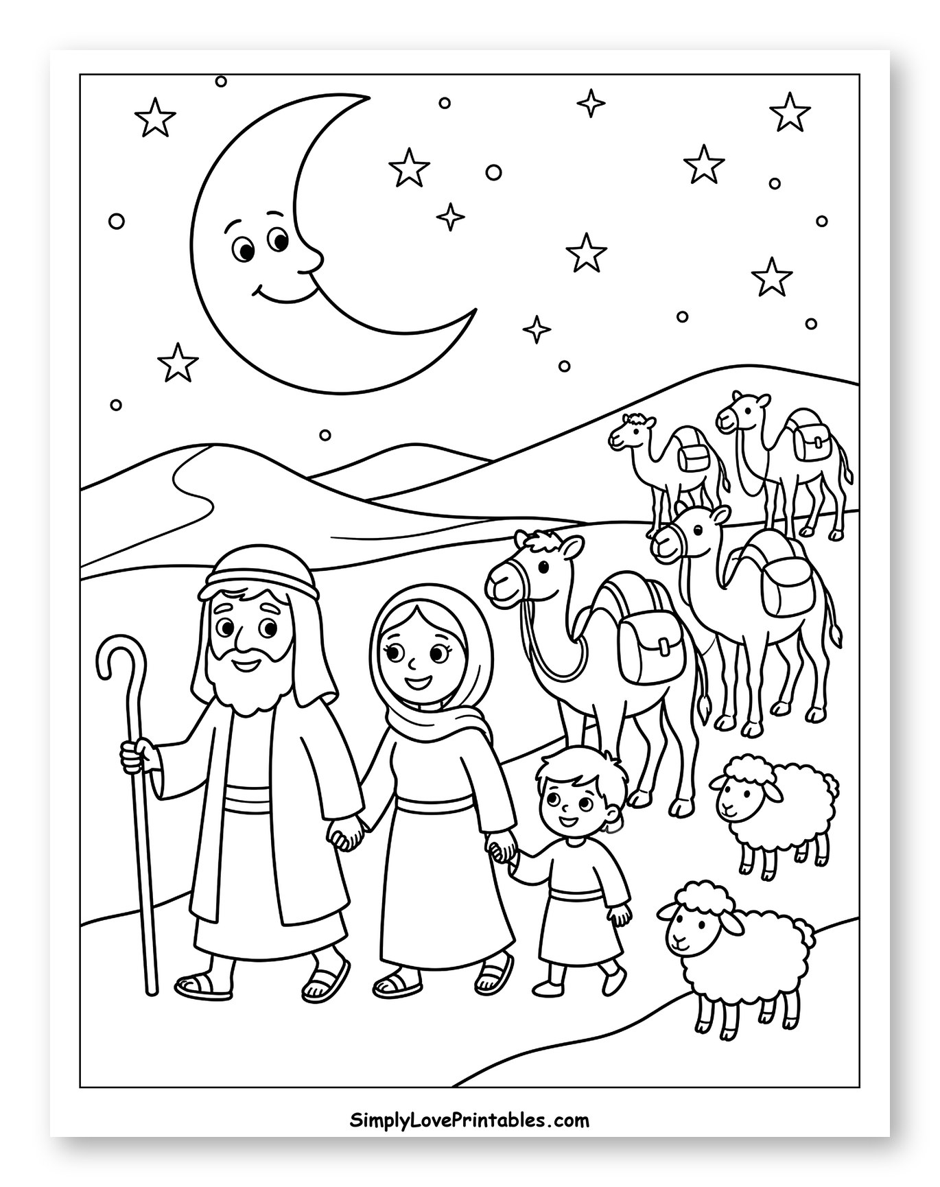 Abraham's Family Traveling by Night Under a Big Moon to Color for Kids