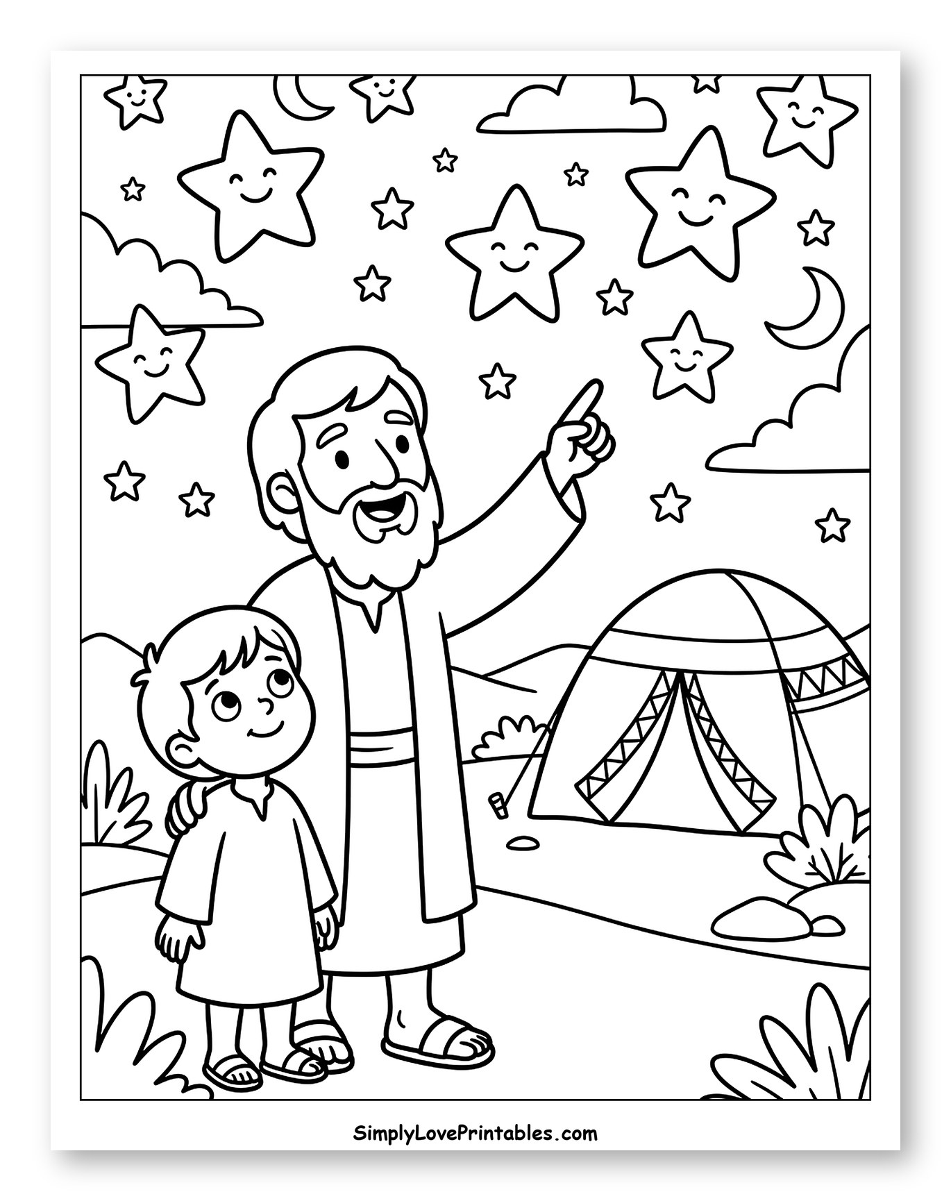 Abraham Teaching Young Isaac Under the Stars Coloring Sheet for Kids