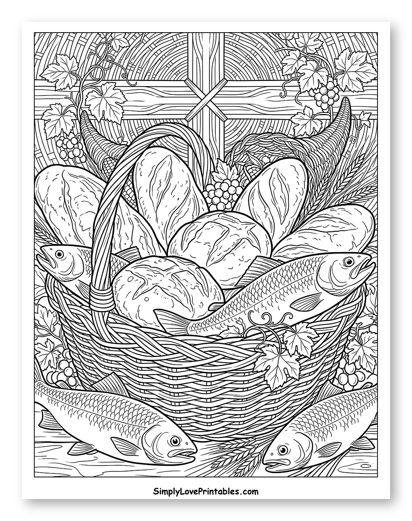 Abundance Basket with Bread, Fish, and Cross Coloring Page