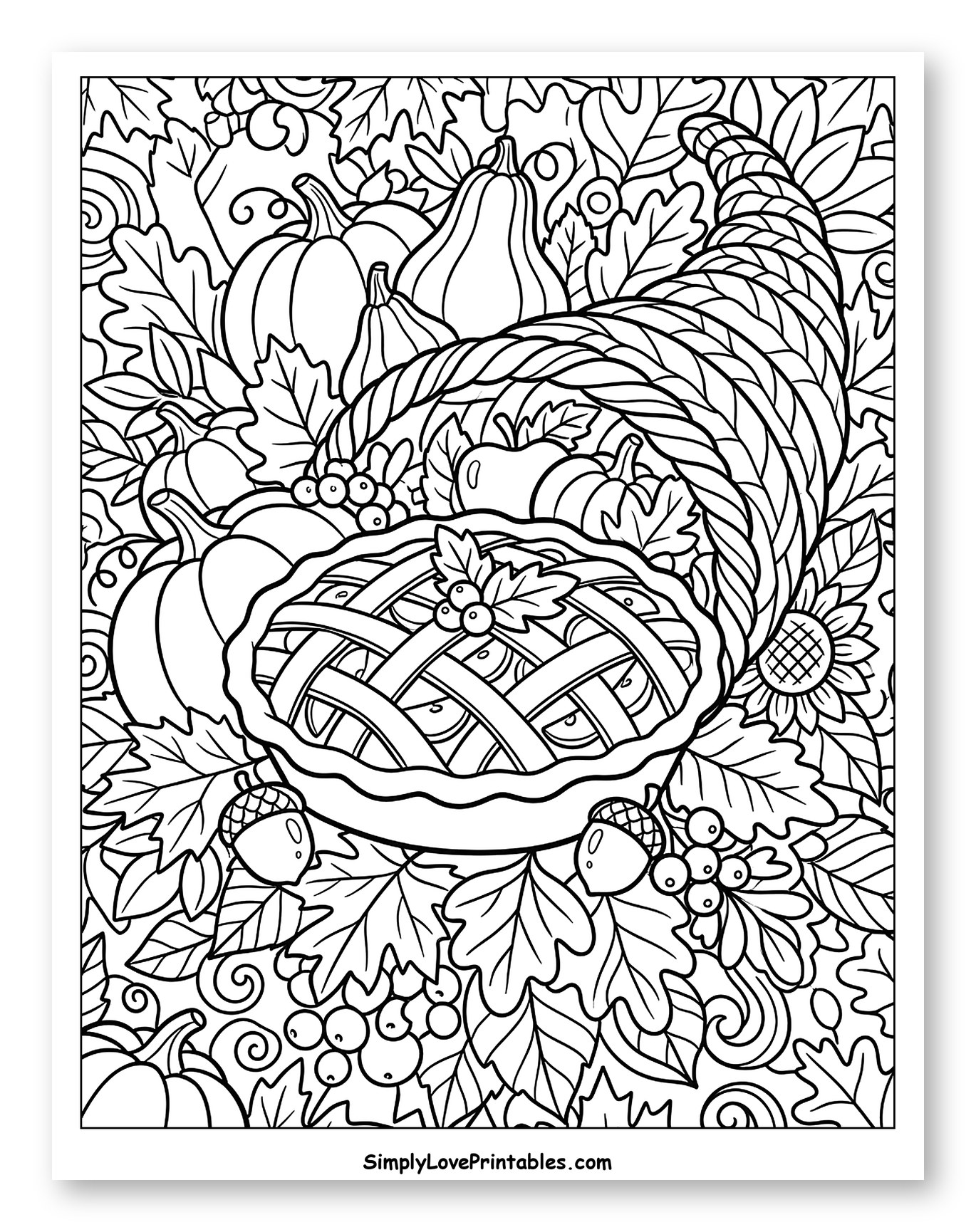 Abundant Autumn Cornucopia with Apple Pie to Color for Kids