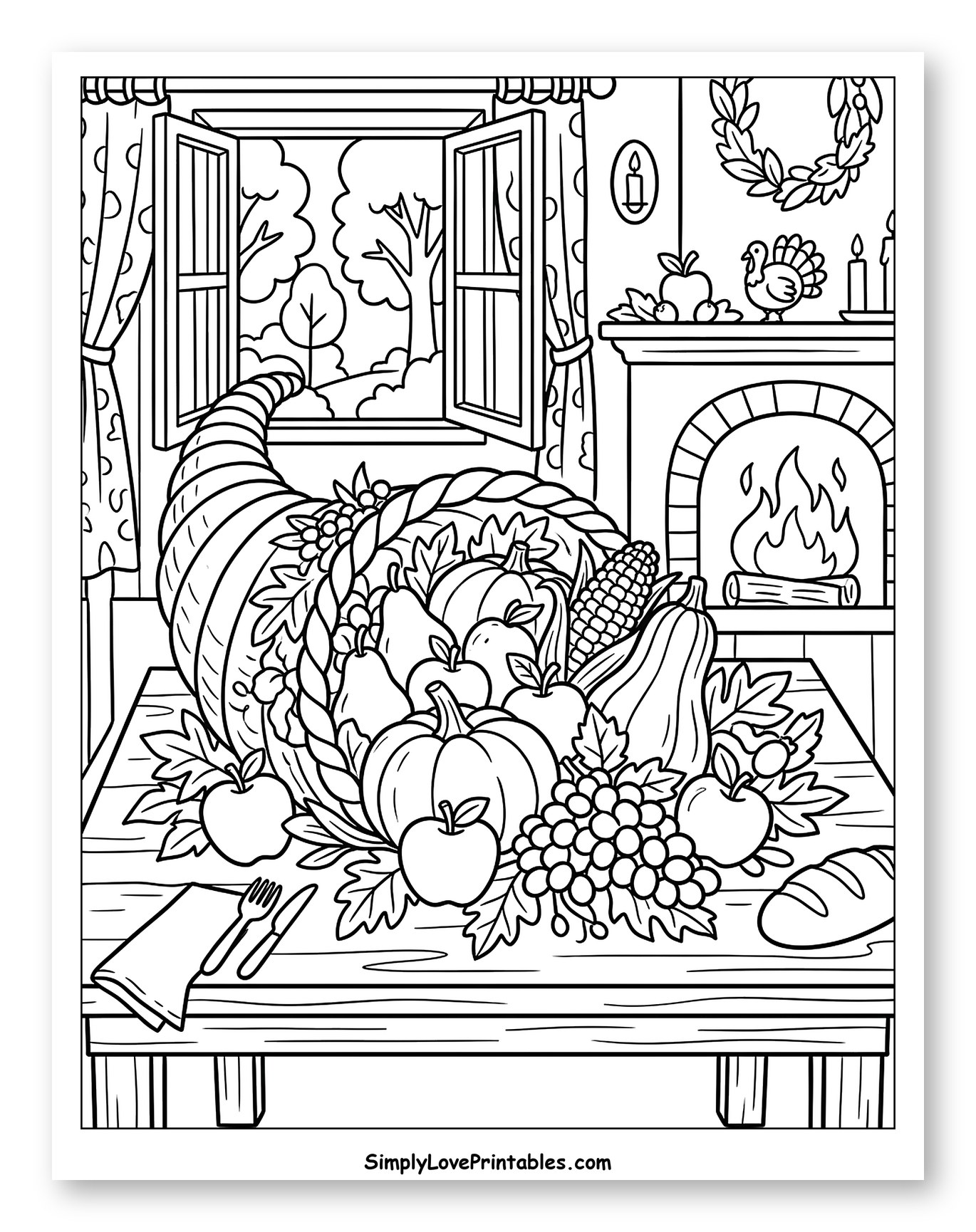 Abundant Autumn Harvest Cornucopia by the Fireplace