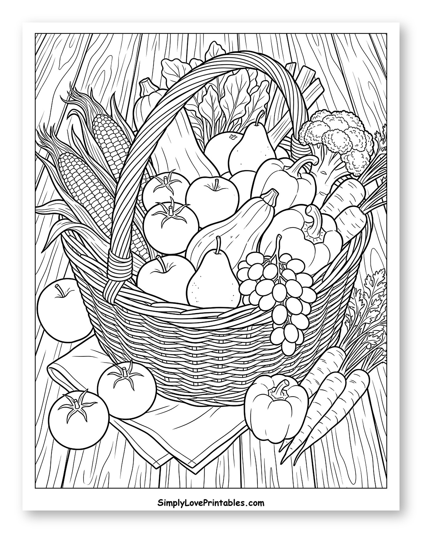 Abundant Basket of Fresh Harvest Produce Coloring Page