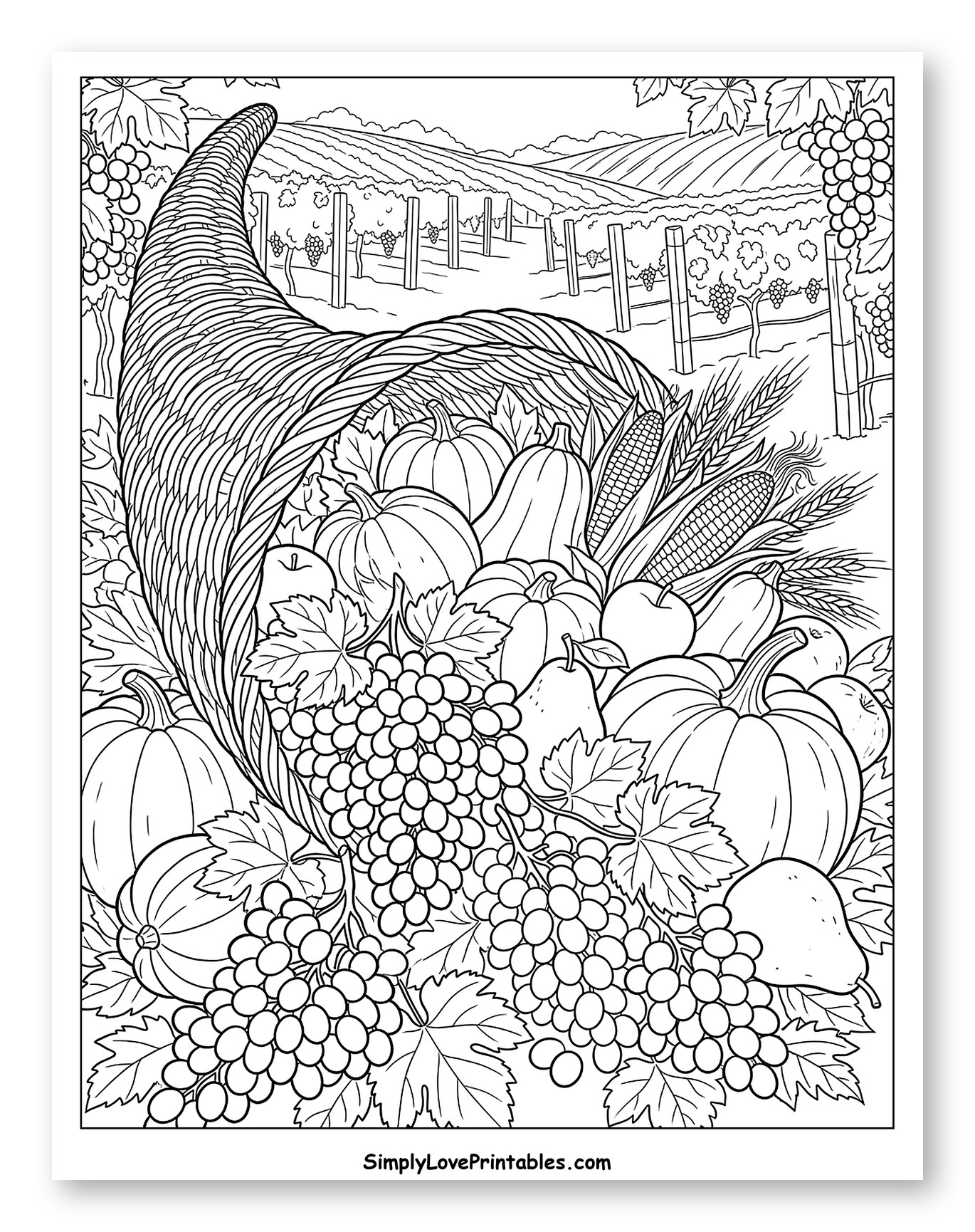 Abundant Cornucopia and Vineyard Harvest Coloring Sheet