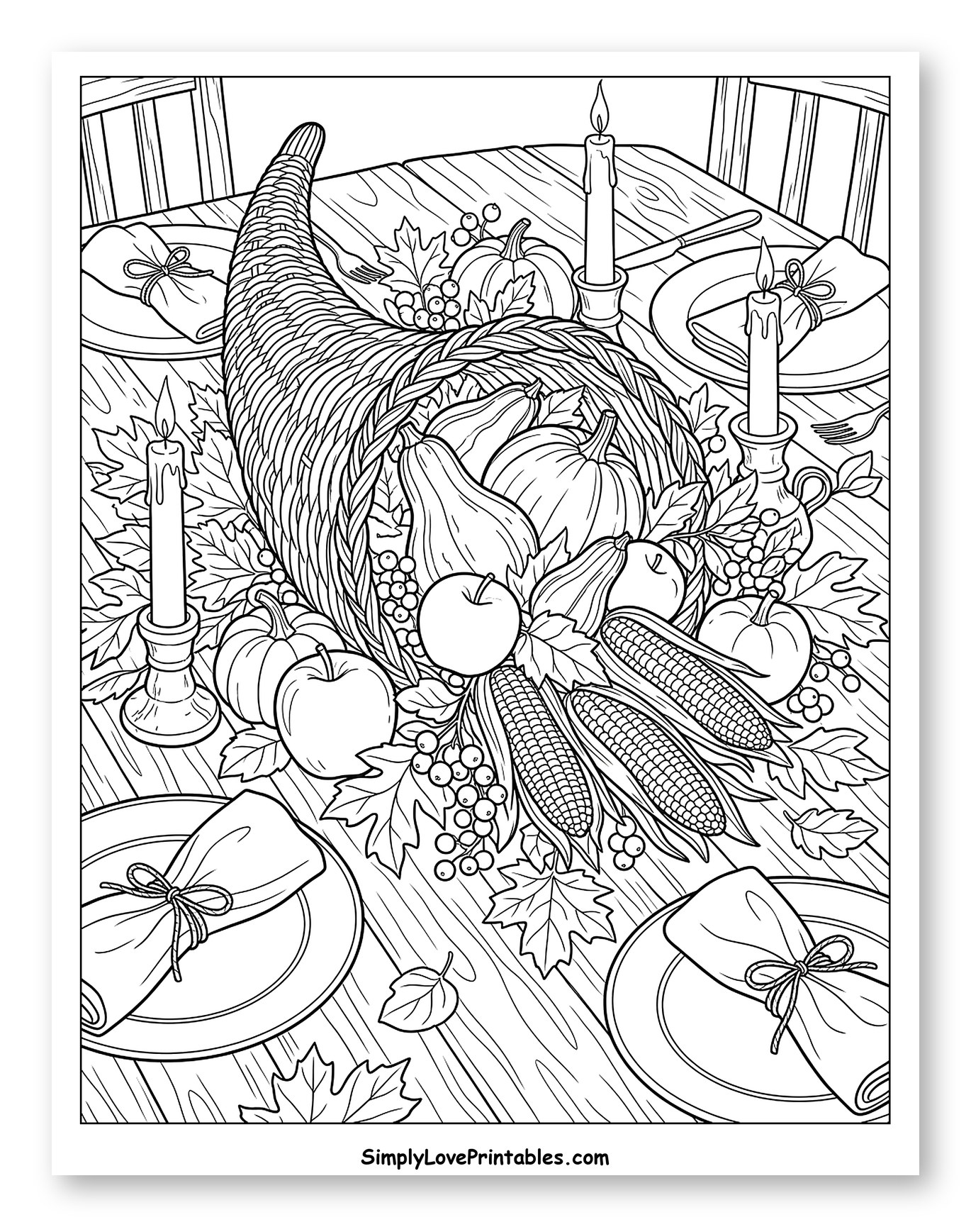 Abundant Cornucopia on a Festive Autumn Table Coloring Sheet