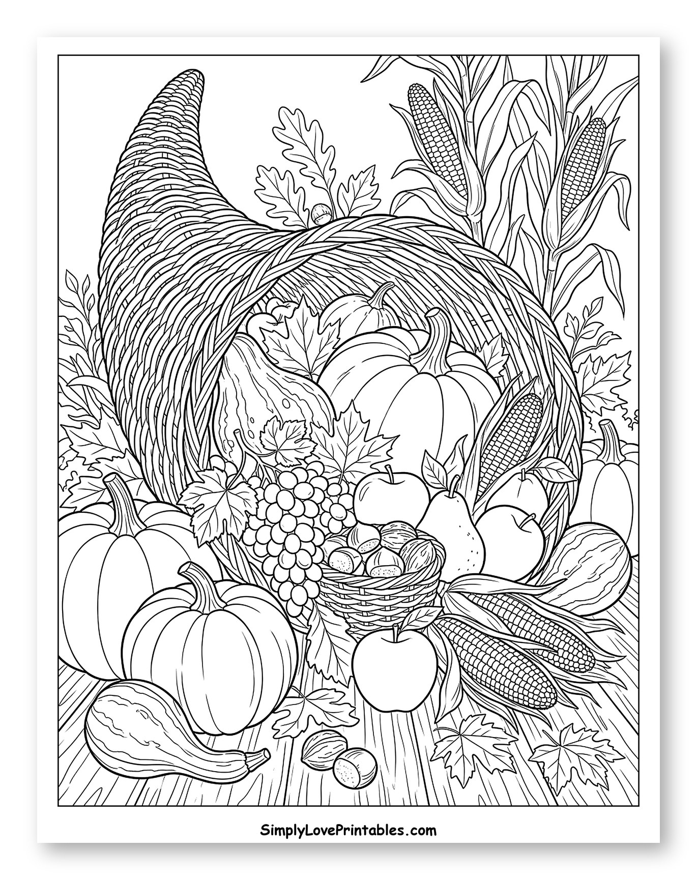 Abundant Cornucopia with Autumn Harvest Produce Coloring Page