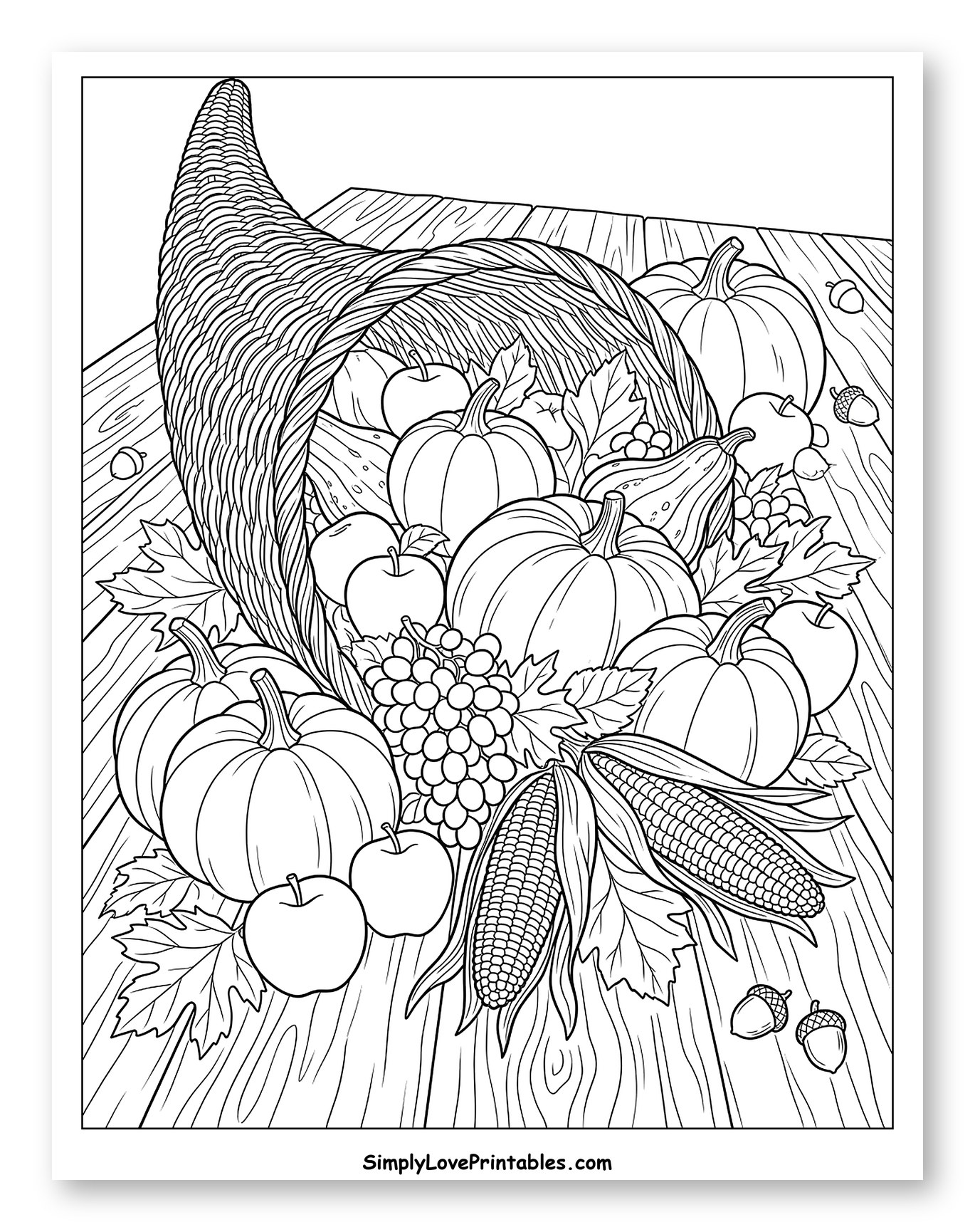 Abundant Thanksgiving Cornucopia on Wooden Table Coloring Page