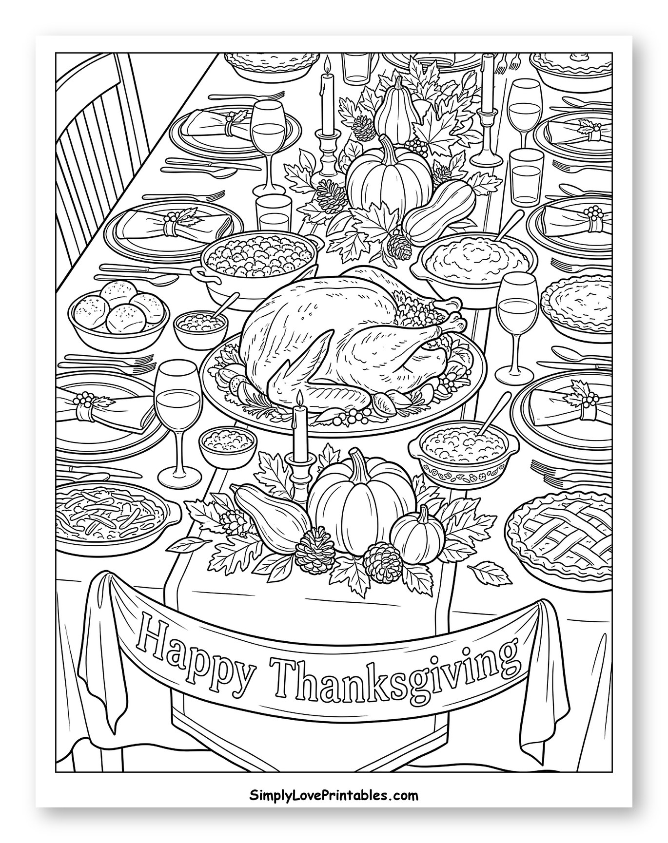 Abundant Thanksgiving Feast with Turkey and Pumpkins to Color