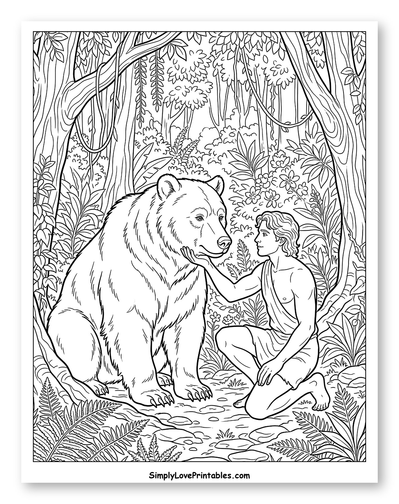 Adam and Bear in a Lush Forest Coloring Page