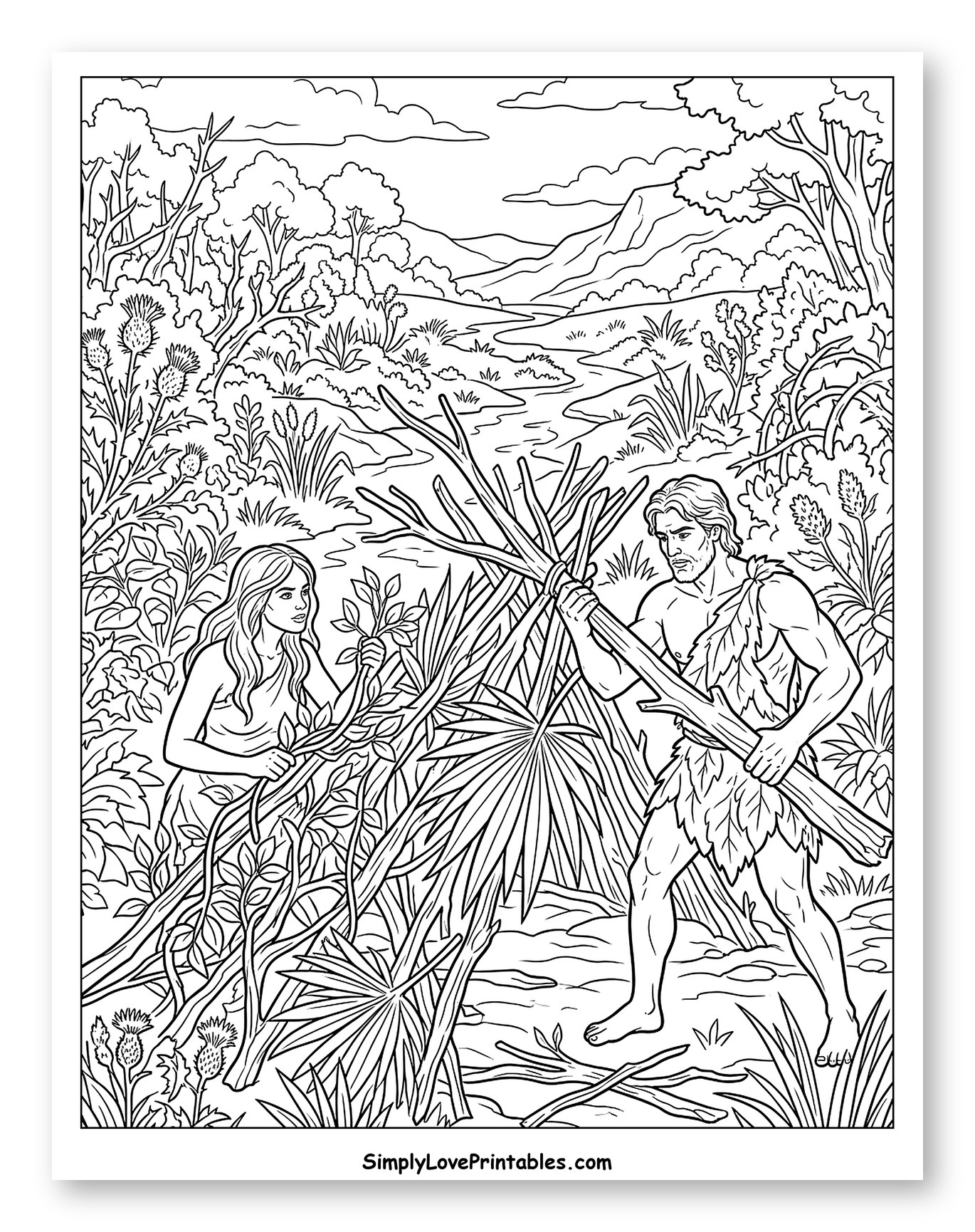 Adam and Eve Building a Primitive Shelter to Color