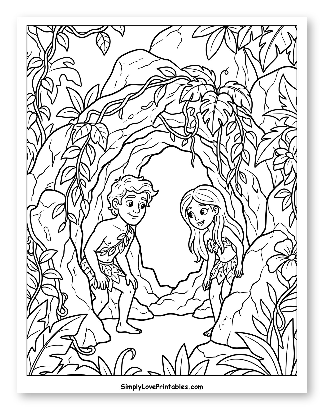 Adam and Eve Discovering a Secret Cave Coloring Page for Kids