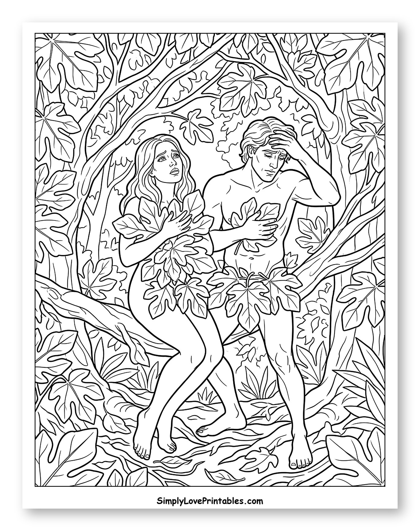 Adam and Eve Discovering Their Nakedness Coloring Sheet