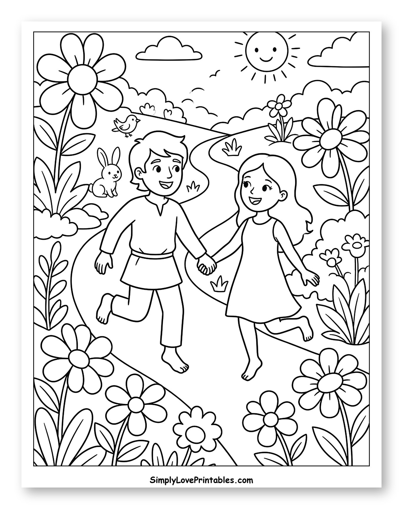 Adam and Eve Exploring a Flowery Path to Color for Kids