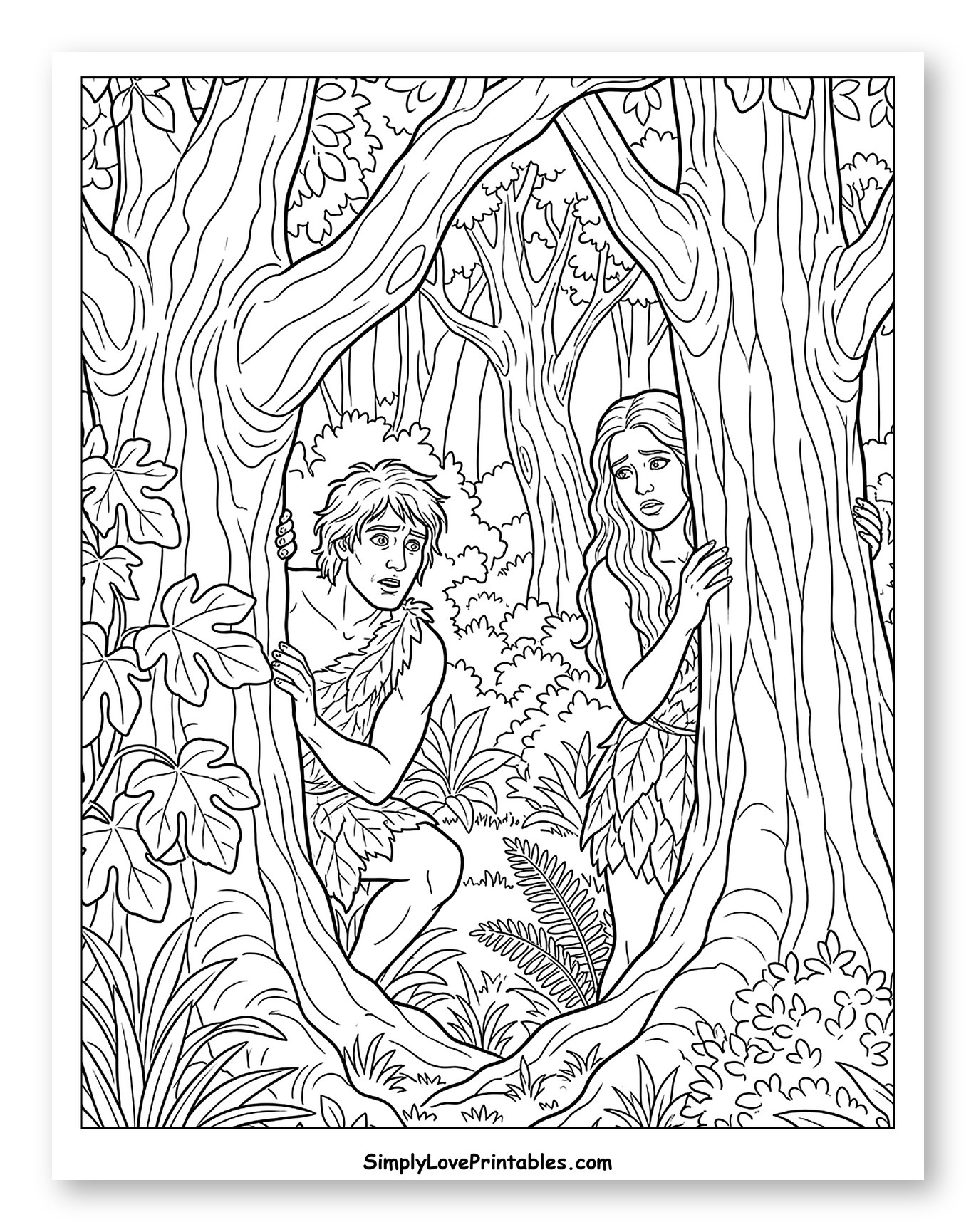 Adam And Eve Hiding In The Forest Coloring Sheet