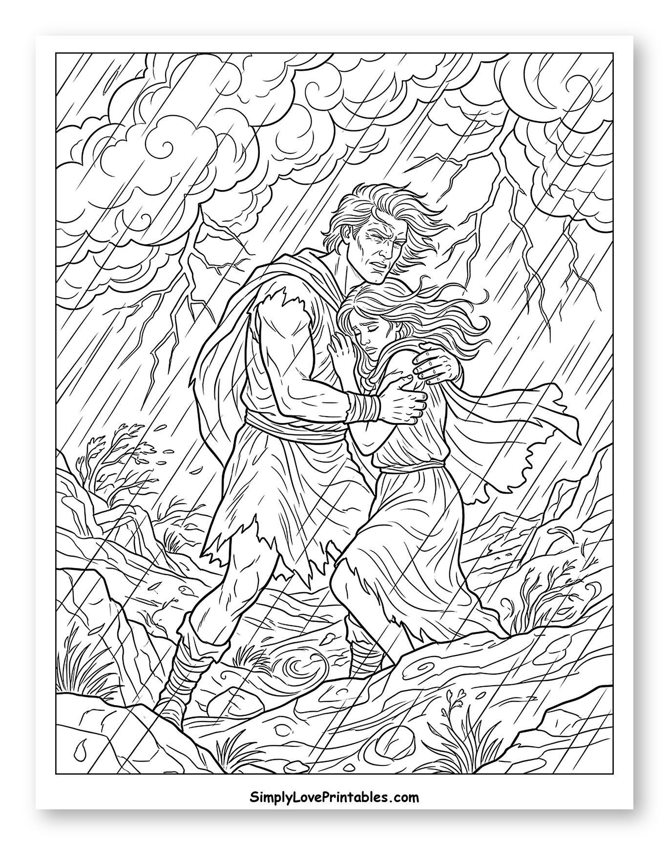 Adam and Eve Huddled in a Storm Coloring Page