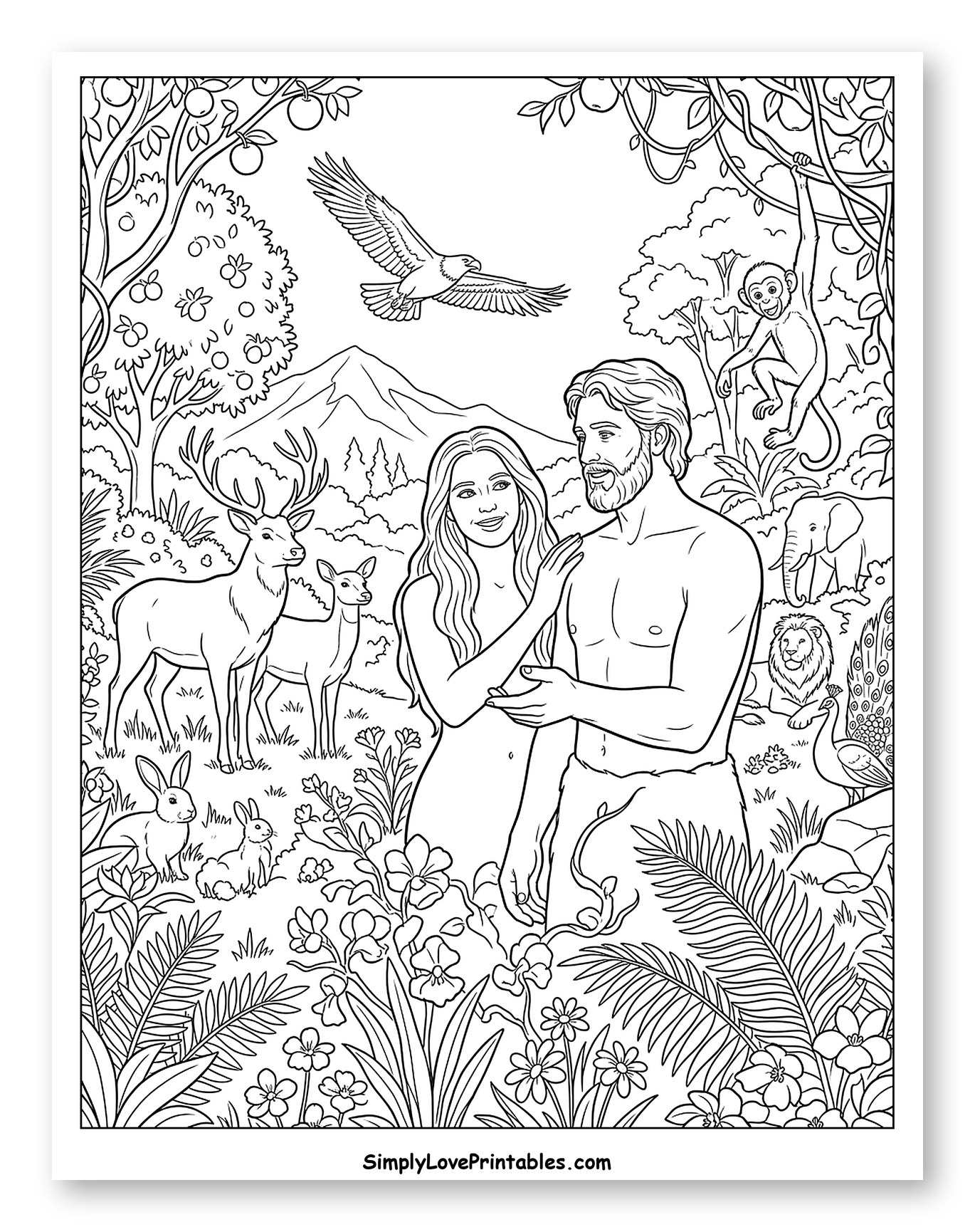 Adam and Eve Naming the Animals to Color