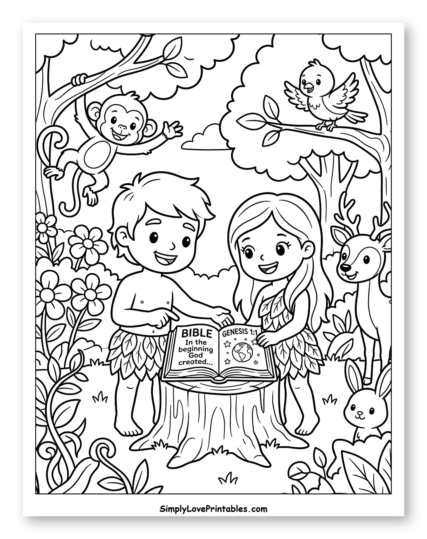 Adam and Eve Reading Bible with Animals to Color for Kids