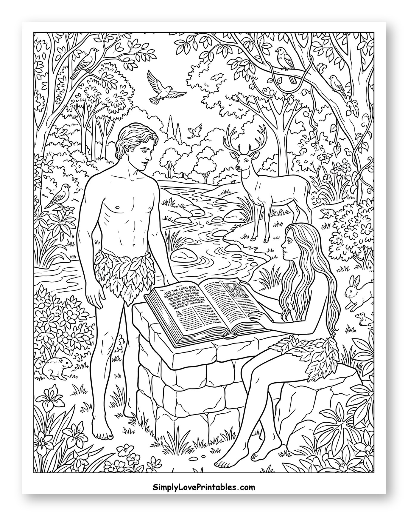 Adam and Eve Reading in Eden Coloring Page
