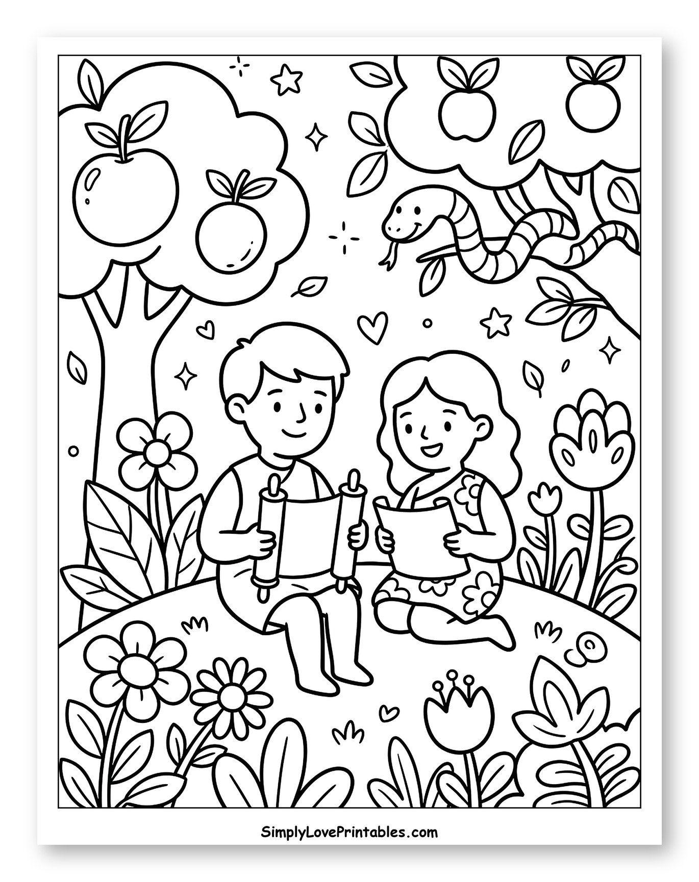 Adam and Eve Reading Scrolls in Eden Garden to Color for Adults