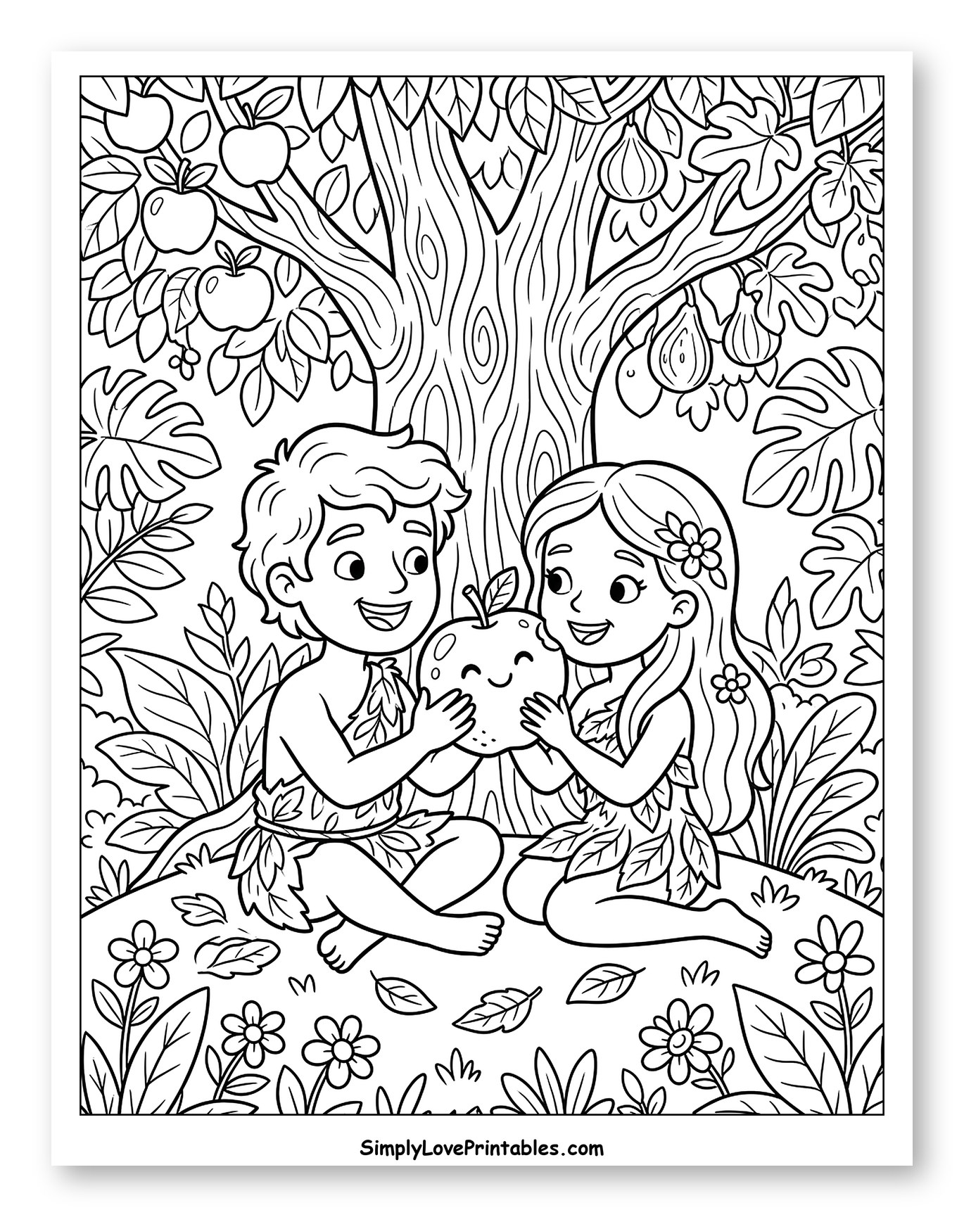 Adam and Eve Sharing a Fruit Coloring Page for Kids