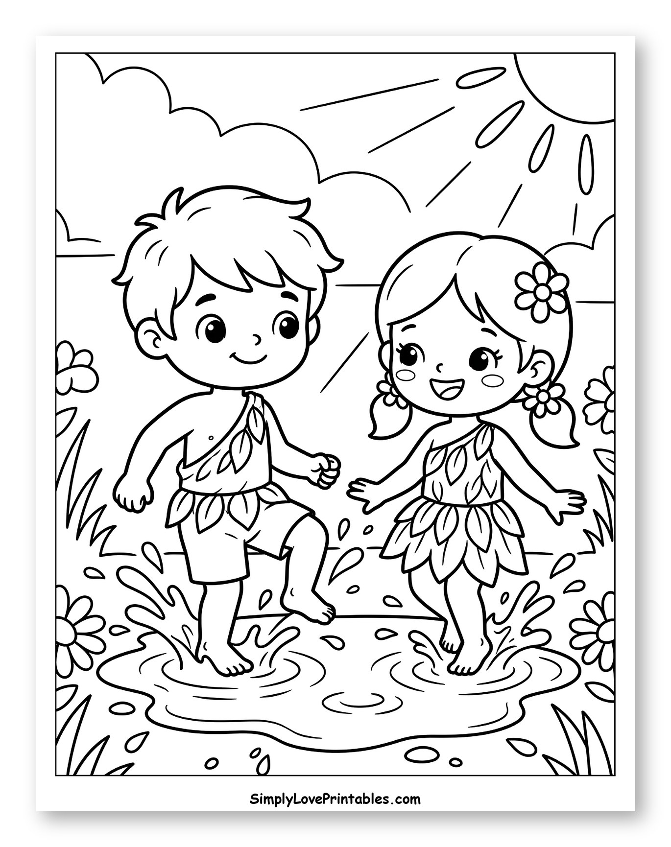 Adam and Eve Splashing in a Puddle Coloring Sheet for Kids