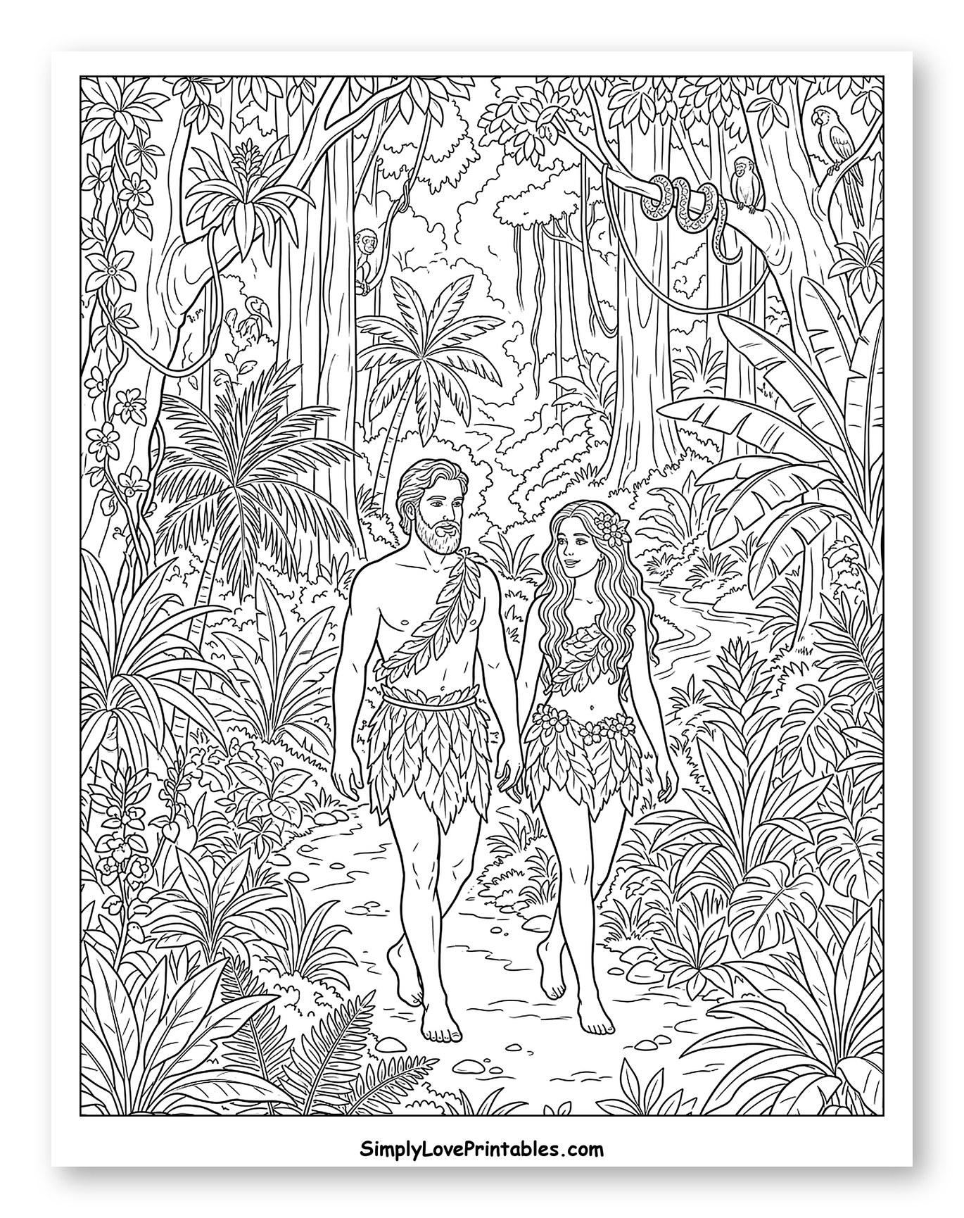 Adam and Eve Walking in Garden of Eden Coloring Page