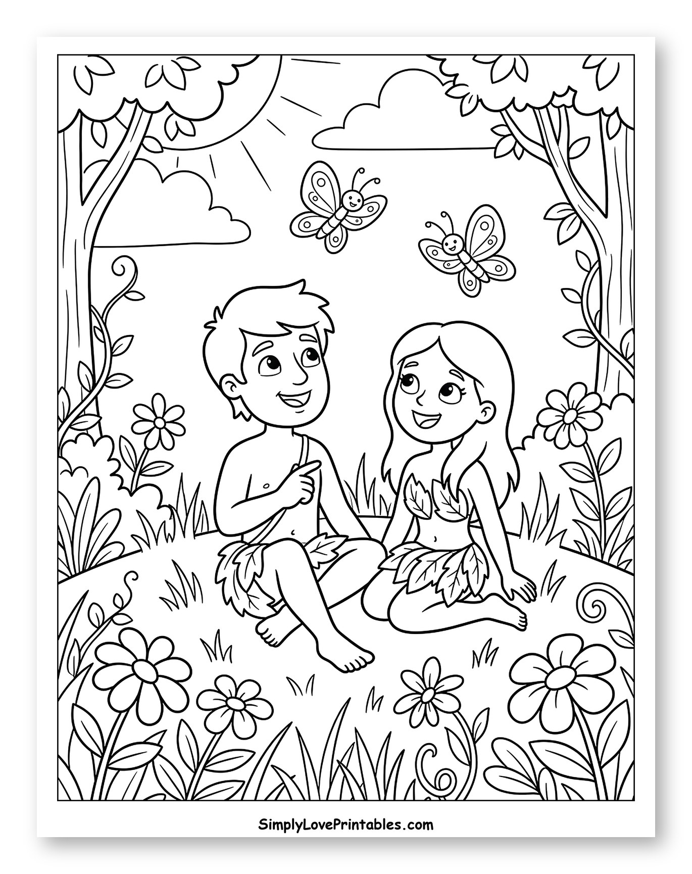 Adam and Eve Watching Butterflies to Color for Kids