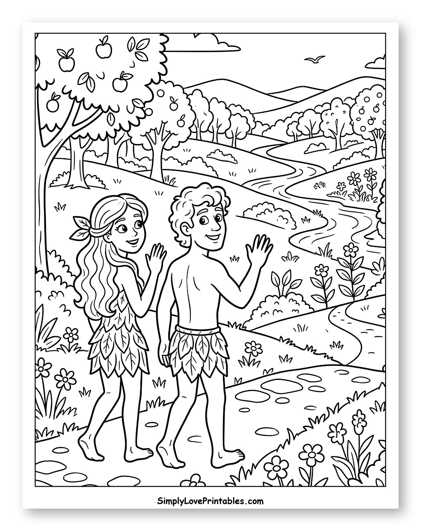 Adam and Eve Waving Goodbye to the Garden Coloring Page for Kids
