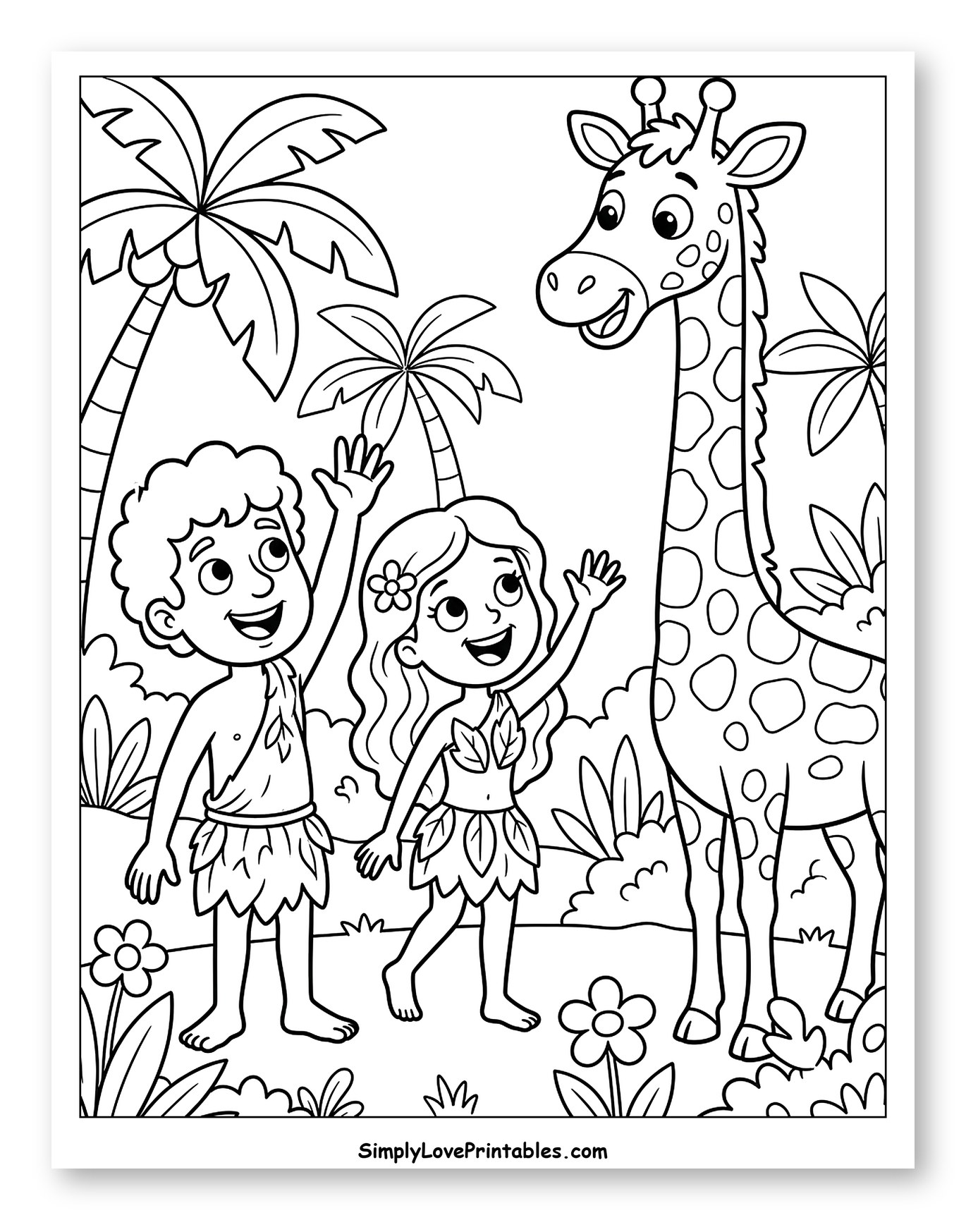 Adam and Eve Waving to a Friendly Giraffe Coloring Page for Kids