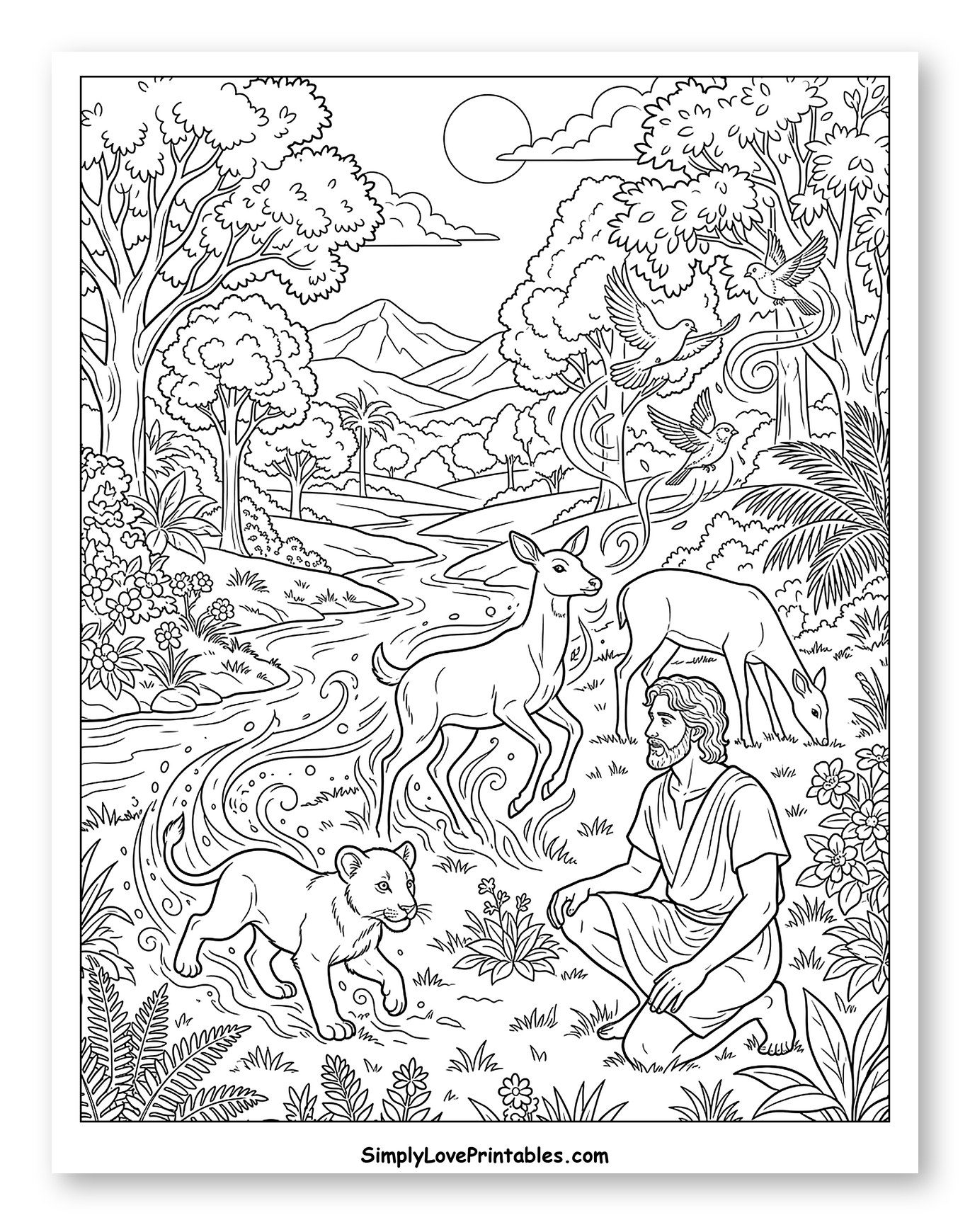 Adam Naming Animals in Garden of Eden Coloring Sheet
