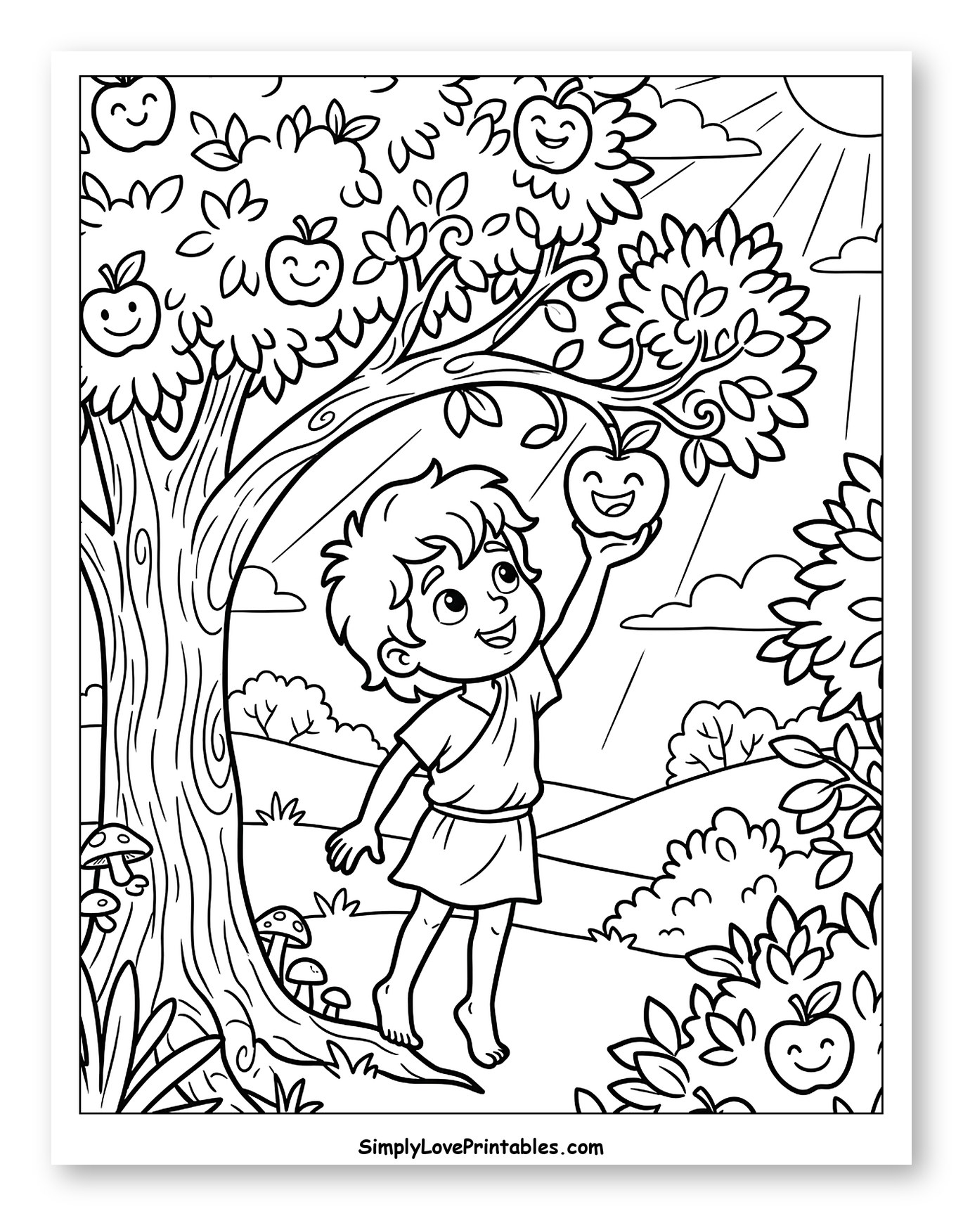 Adam Picking a Cheerful Apple Coloring Page for Kids
