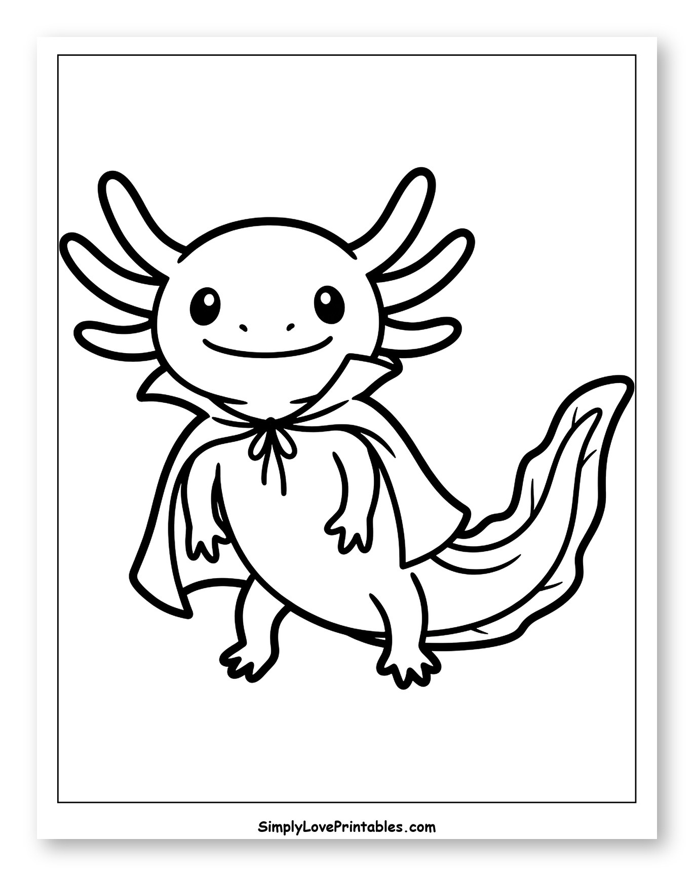 Adorable Axolotl in a Vampire Cape Coloring Page for Toddlers