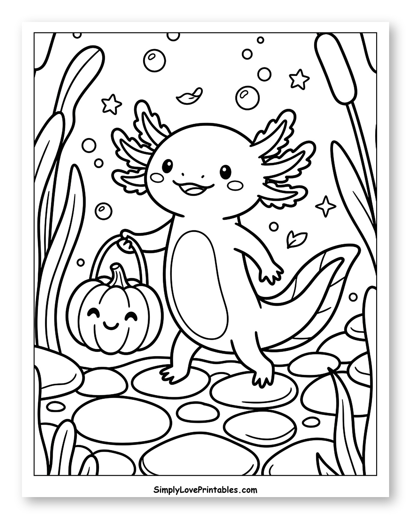Adorable Axolotl with Halloween Pumpkin Bucket to Color for Adults