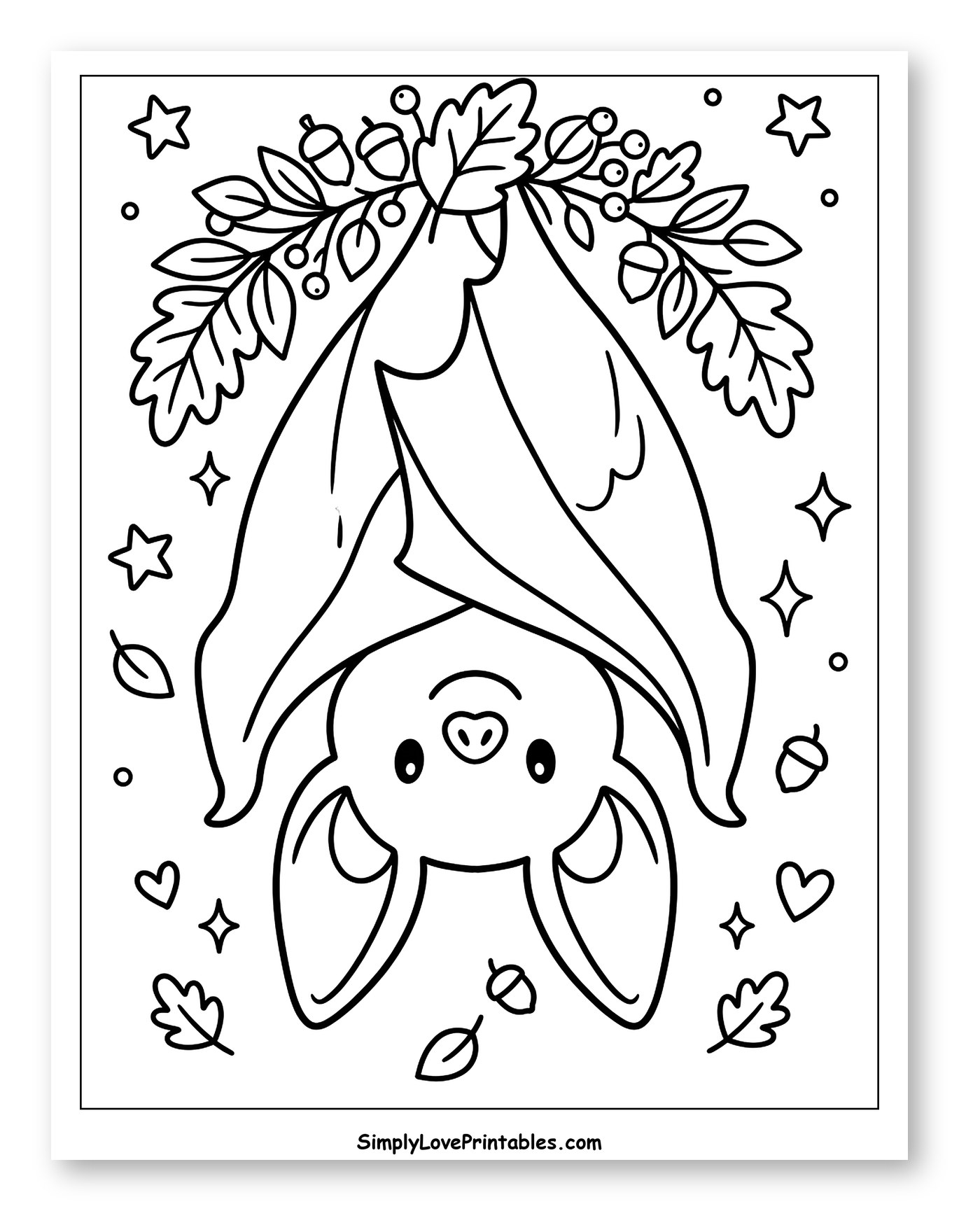 Adorable Bat Hanging with Fall Foliage Coloring Sheet for Adults