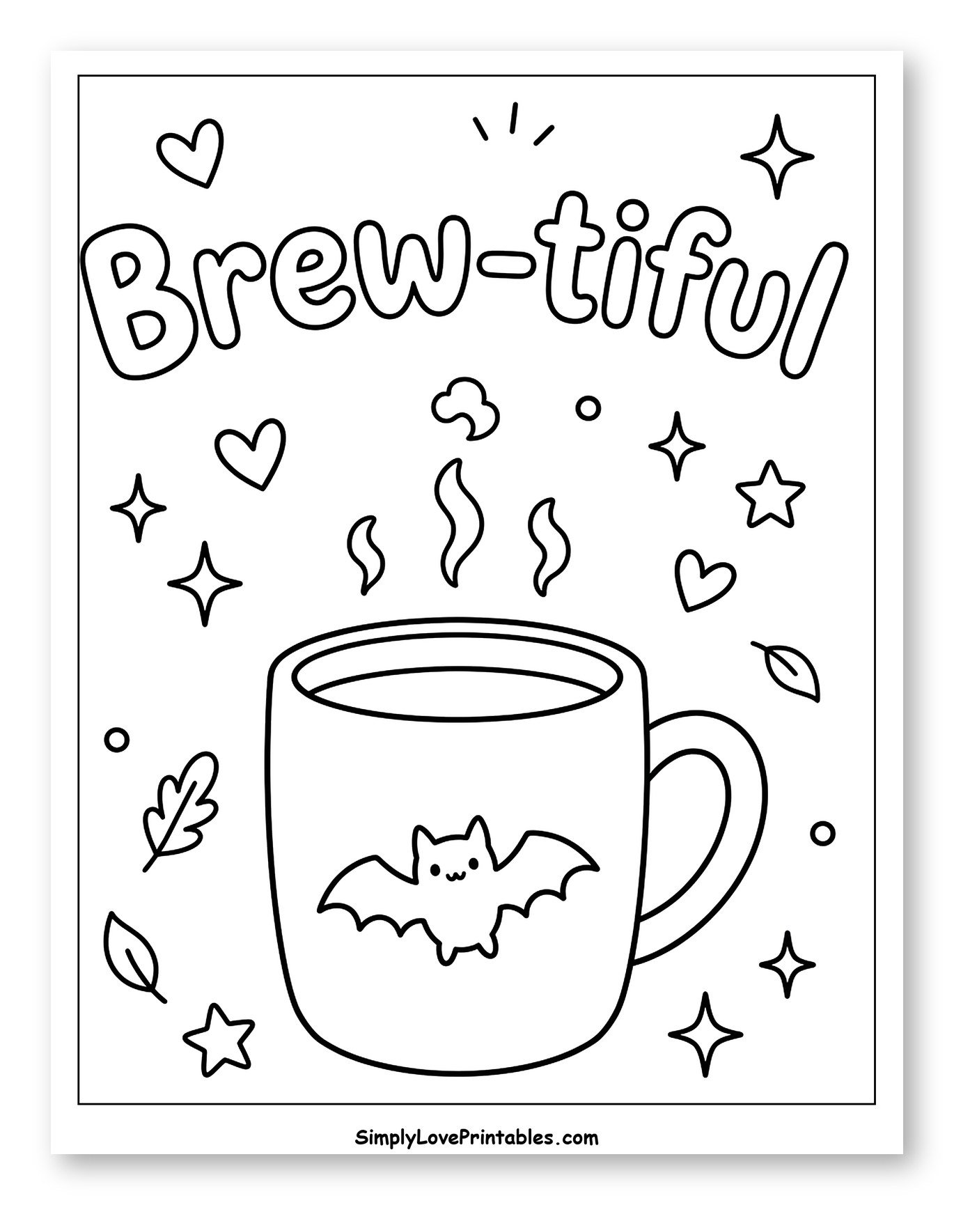 Adorable Bat Mug with Brew-tiful Text Coloring Sheet for Adults
