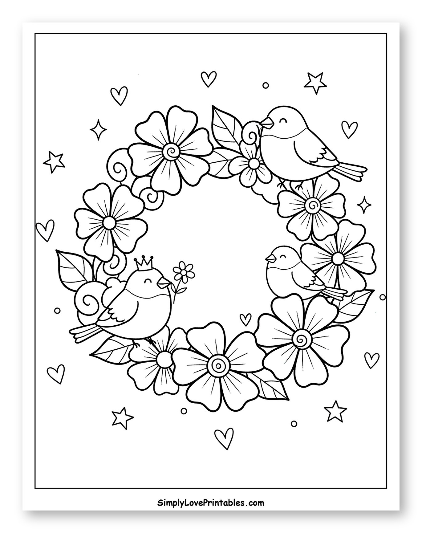 Adorable Birds on a Blooming Floral Wreath Coloring Sheet for Adults