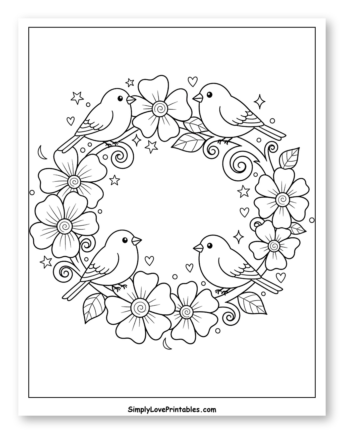 Adorable Birds on a Blooming Flower Wreath Coloring Sheet for Adults
