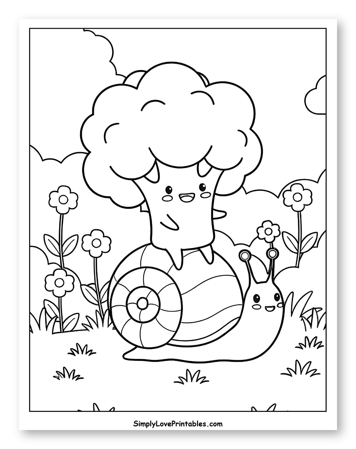 Adorable Broccoli Riding Snail with Flowers Coloring Page for Kids