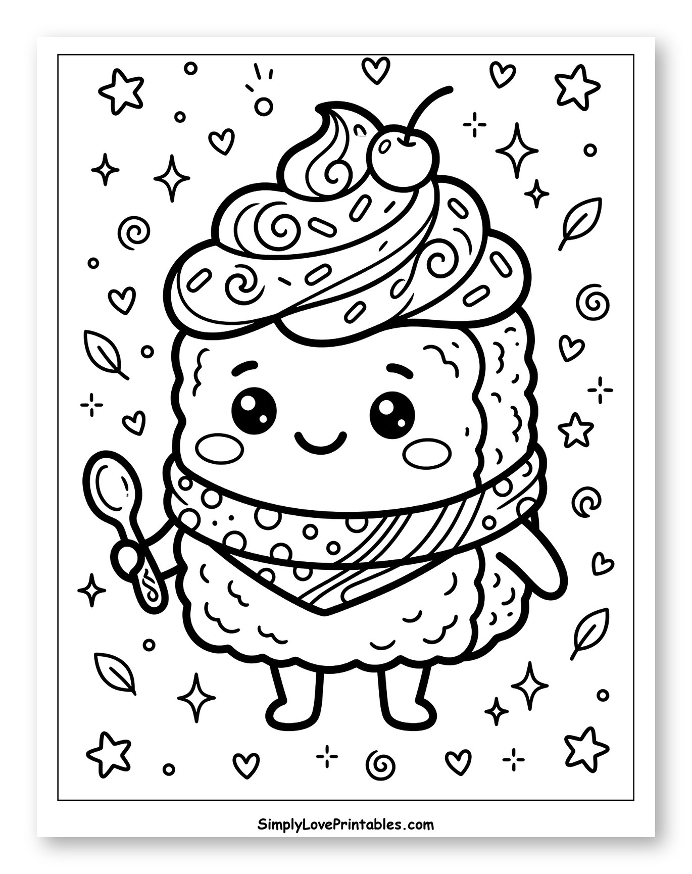 Adorable Brownie with Frosting and Spoon Coloring Page for Adults