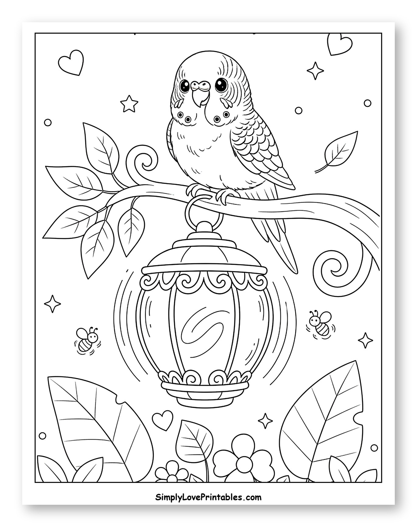 Adorable Budgie on Branch with Hanging Lantern to Color for Adults