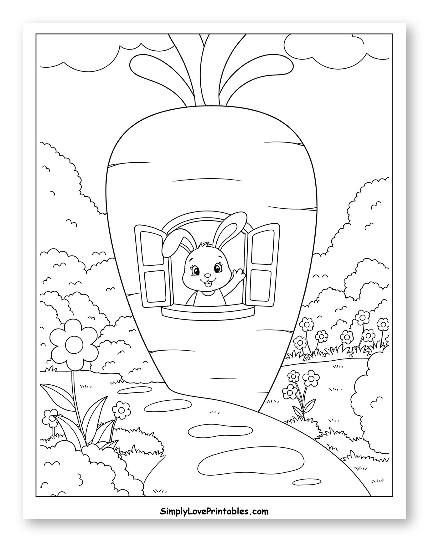 Adorable Bunny in a Carrot-Shaped House Coloring Page for Kids