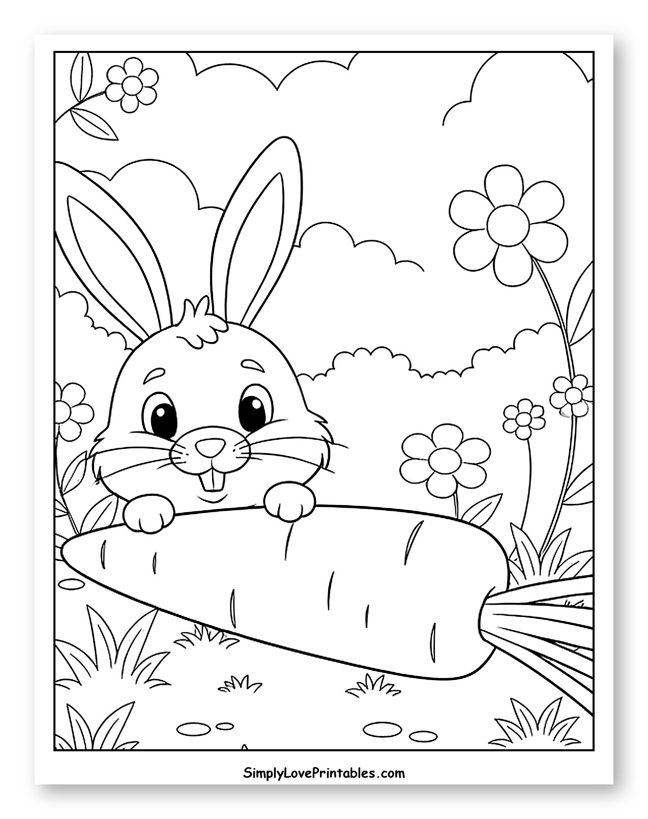 Adorable Bunny with a Giant Carrot in a Garden Coloring Page for Kids