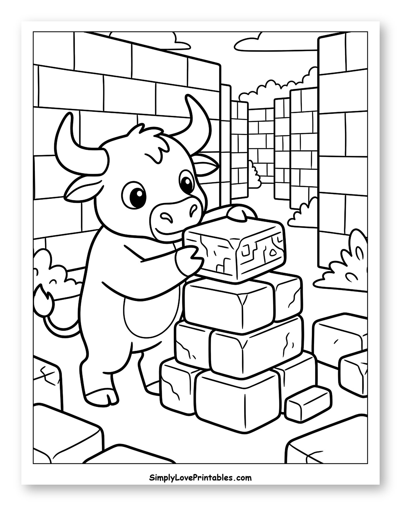 Adorable Calf Stacking Bricks in a Maze Coloring Page for Kids